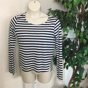 Love Stitch long sleeve tee Woman’s small navy and cream stripes hi low hem